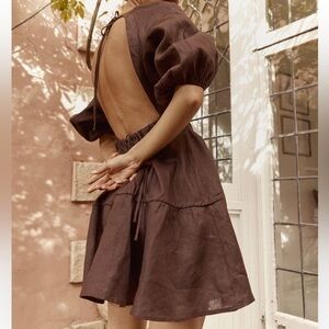 Diish Lenore Women’s 16 Open Back Brown Long Sleeve Mini Linen Dress